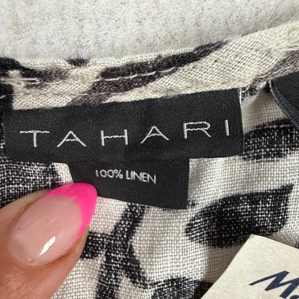 Tahari Womens 2X Black White Tropical Leaf Print 100% Linen Sleeveless Dress - Picture 5 of 8